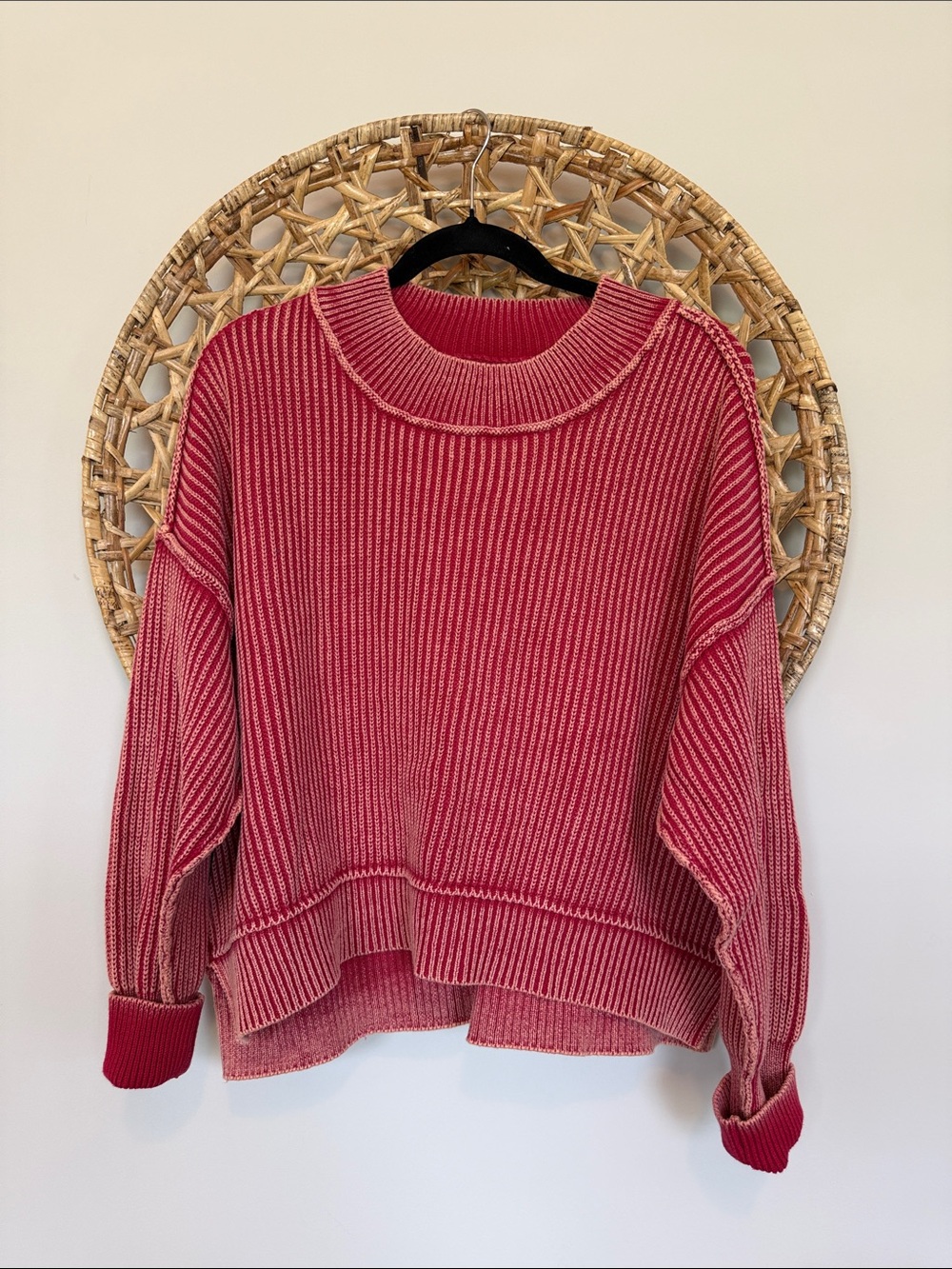 Zenana Outfitters Mineral washed Red Ribbed Crewneck Sweater - Picture 3 of 12
